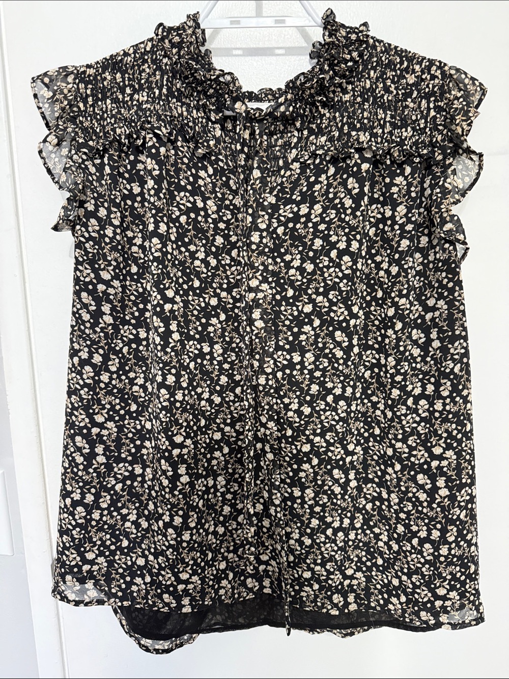 Pleione Black and Cream Floral Smocked Ruffle Blouse